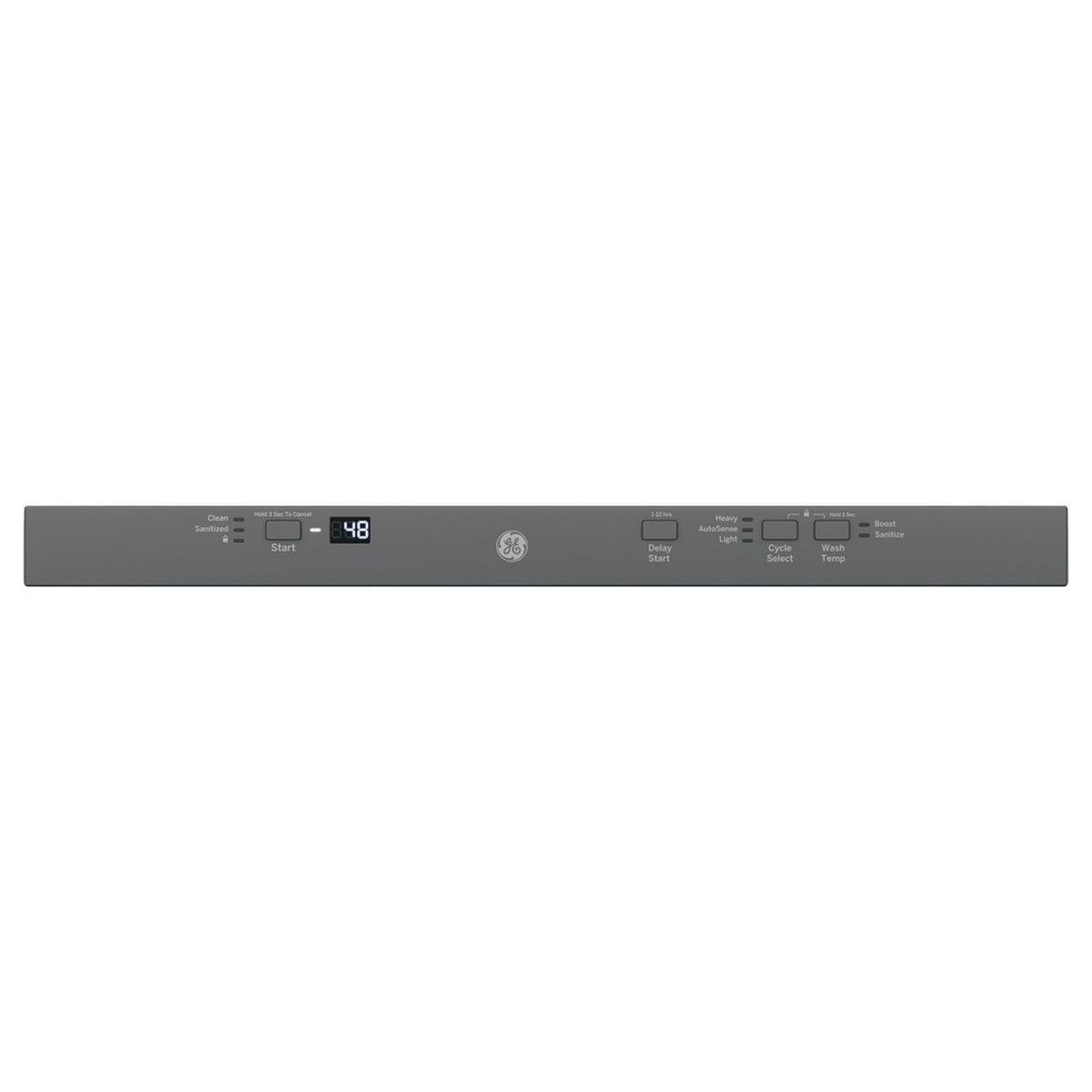 GE GDT226SILII hidden top-mounted control panel showing Start, Delay Start, AutoSense, Cycle Select, Wash Temp and Boost Sanitize controls