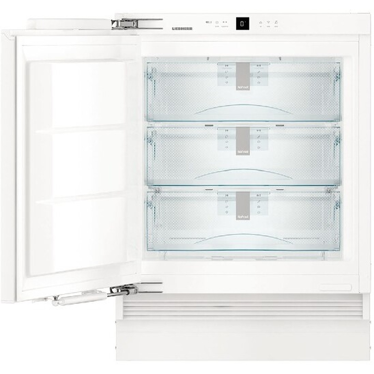 Liebherr UF501 undercounter freezer with door open showing three transparent FrostSafe drawers on rollers