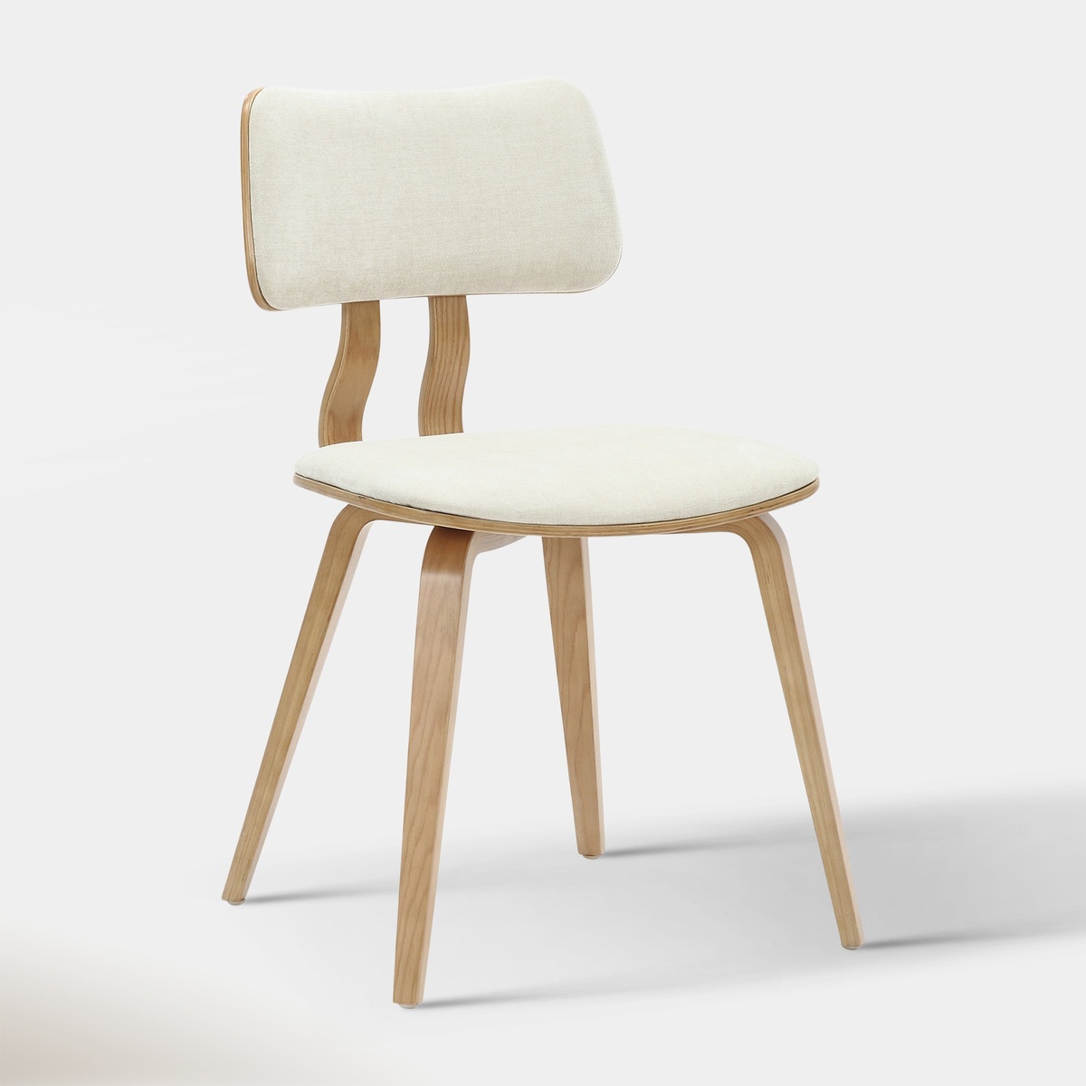 Zaki dining chair with beige upholstered seat and back on a natural wood frame