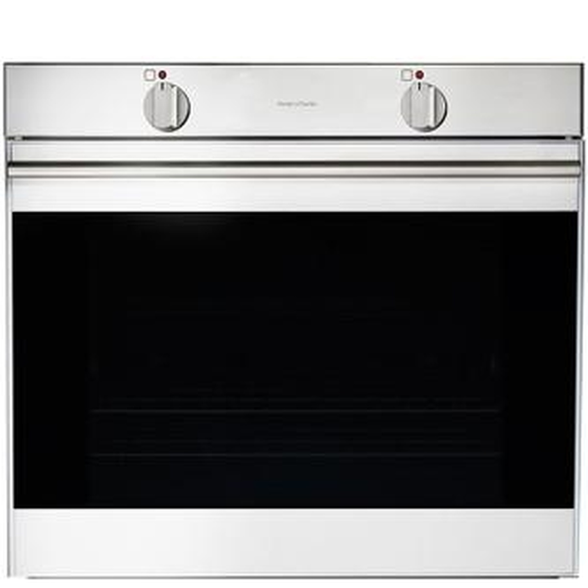 Front view of a stainless steel built-in wall oven with two control knobs and a large glass door window