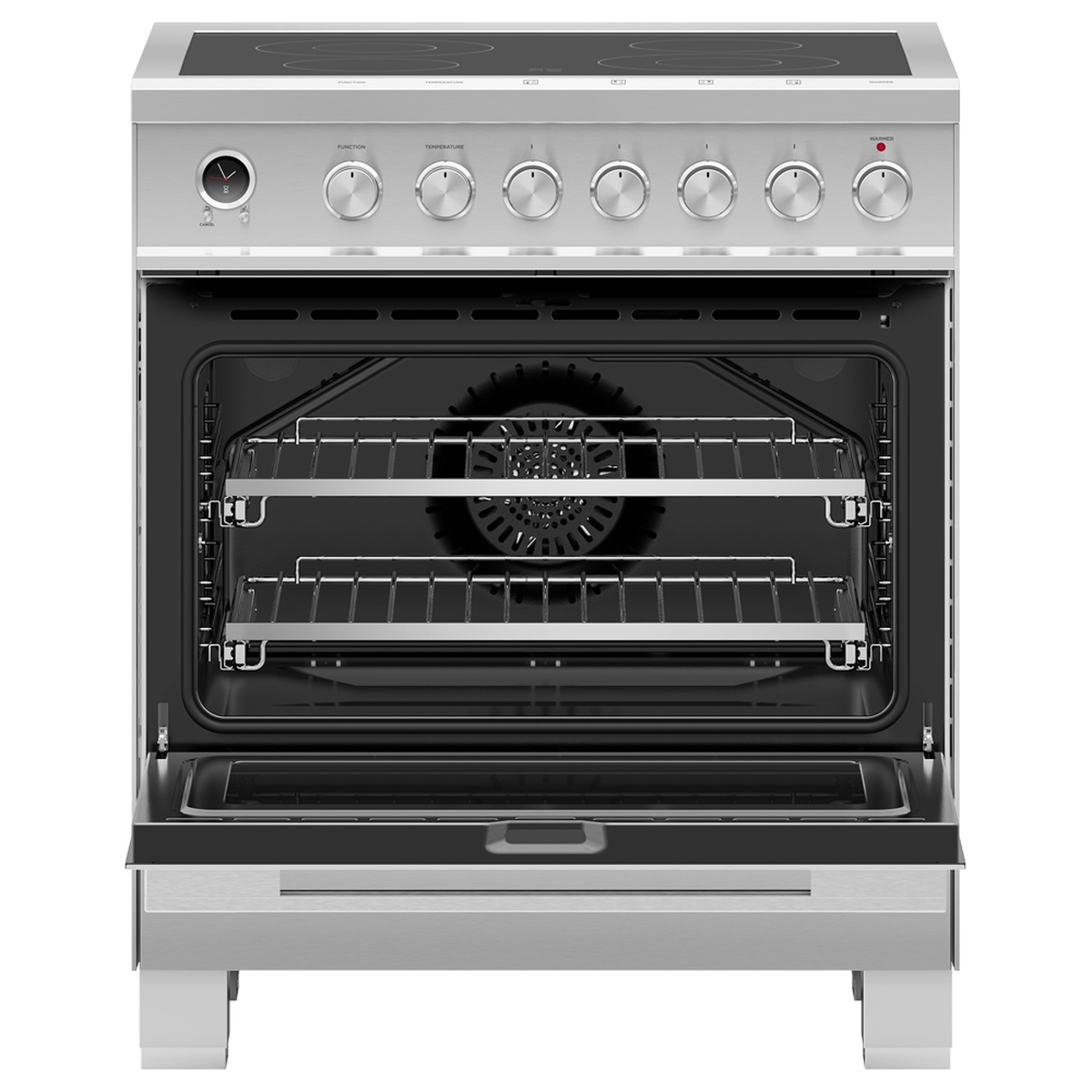 Fisher & Paykel OR30SDE6X1 electric range with oven door open, showing interior wire racks, convection fan, and warming drawer below