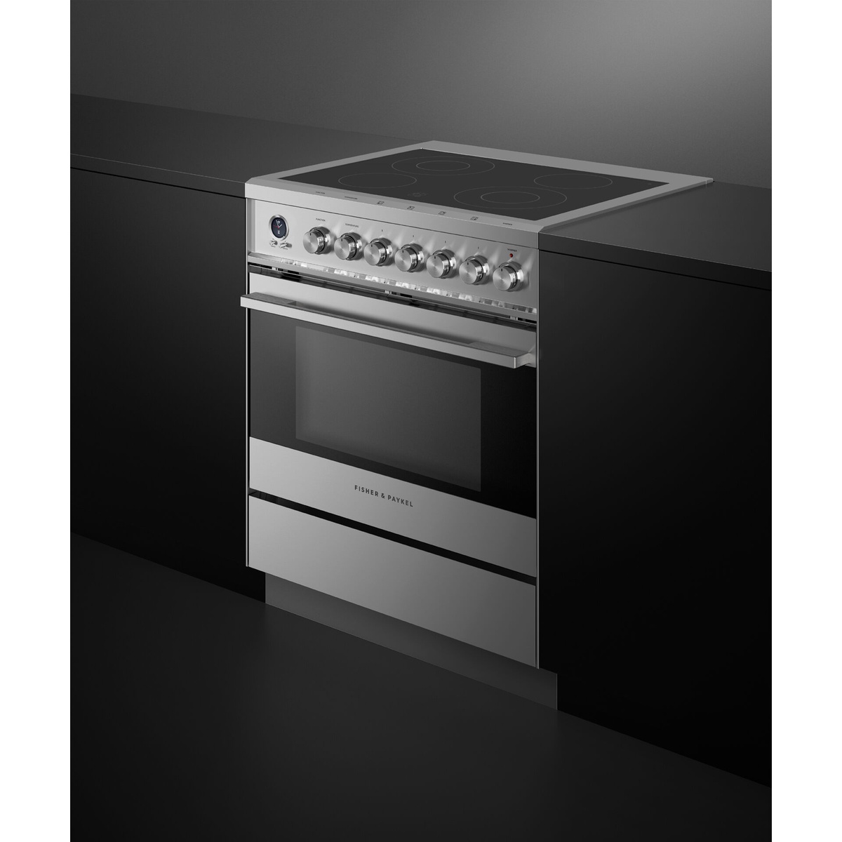 Fisher & Paykel OR30SDE6X1 stainless steel electric range installed in a sleek dark contemporary kitchen showing full range profile with ceramic cooktop and control knobs