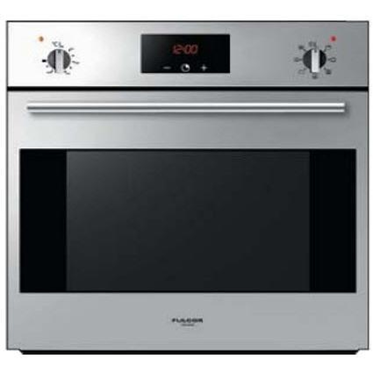 Front view of a stainless steel 24-inch Fulgor Milano single wall oven with two knob controls, a central digital display, and a wide viewing window