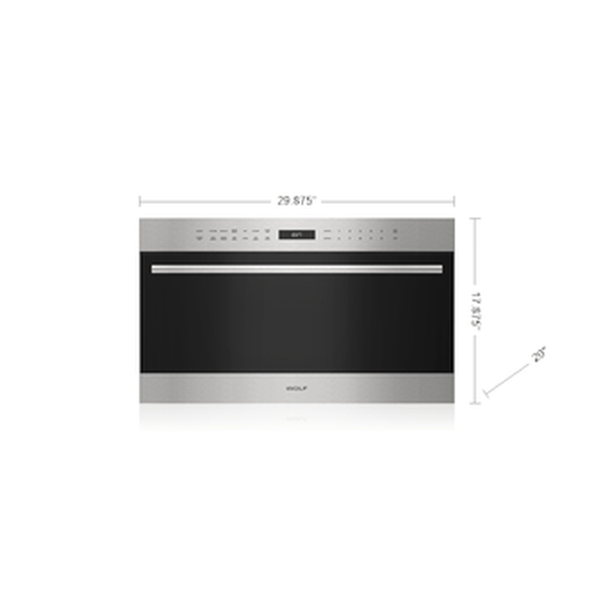 Front view of a Wolf microwave drawer with top control panel and diagram showing approximate dimensions (29 7/8 inch width, 7 3/16 inch height, 20 inch depth).