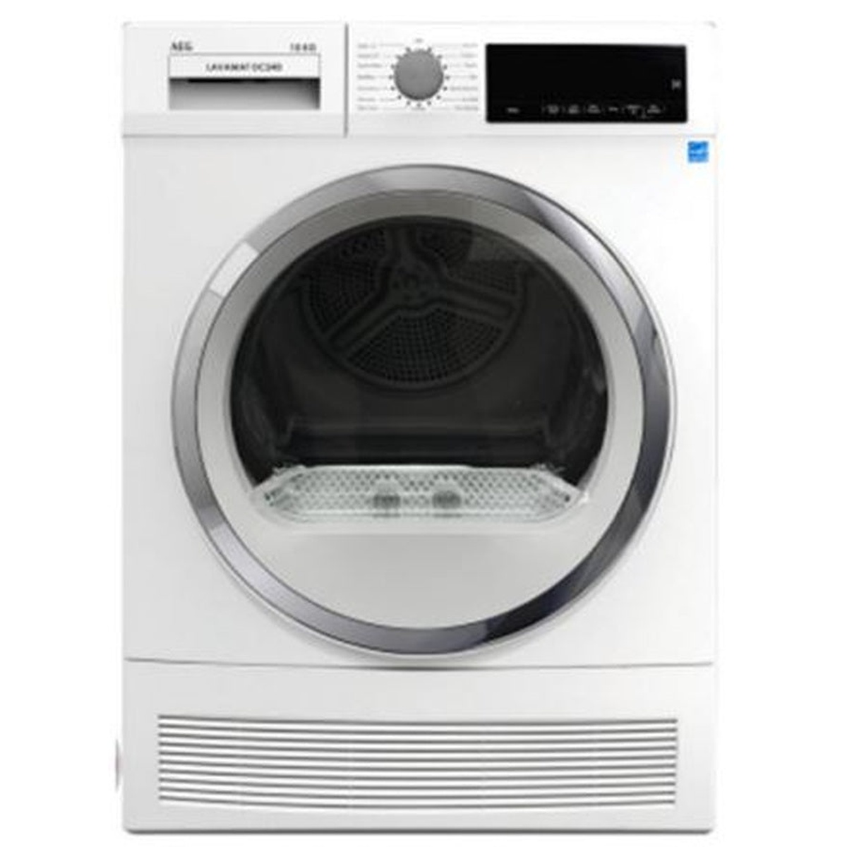 Front view of the AEG DC240 white compact dryer with a central control dial, digital display panel, and large round door