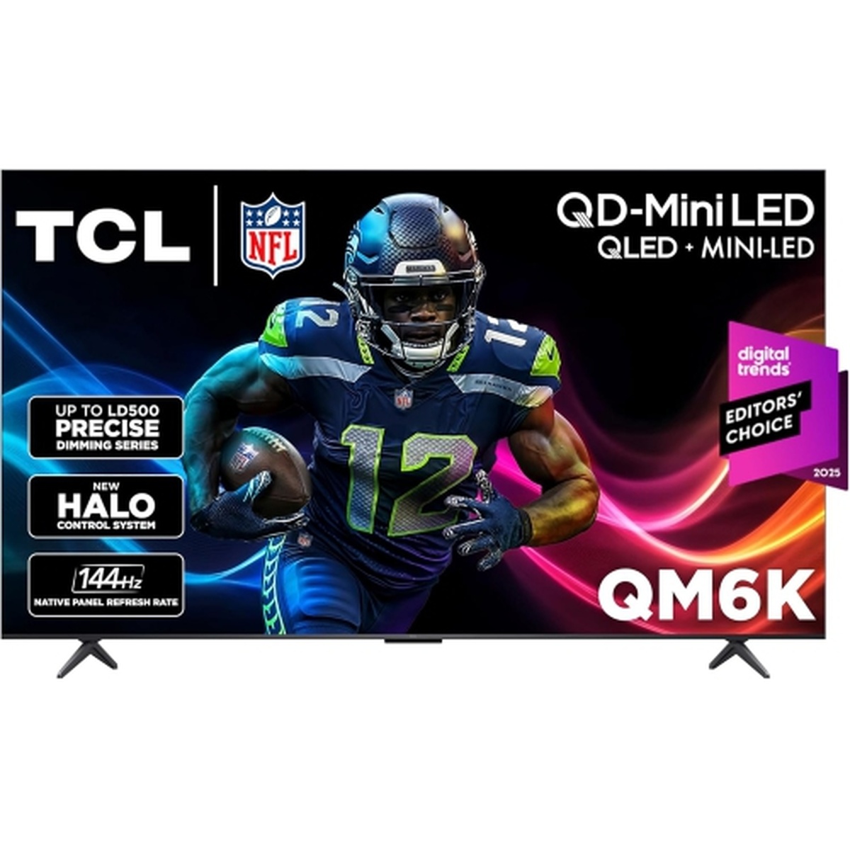 Front view of a TCL QM6K series TV showing QD-Mini LED branding and a 144Hz native panel refresh rate callout