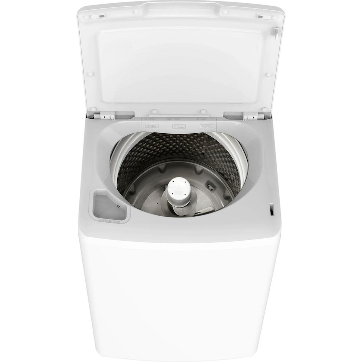 Open top view of the washer tub showing an agitator and stainless steel drum