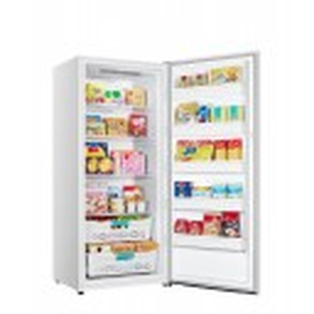Open upright freezer showing shelves, door bins, and lower drawers