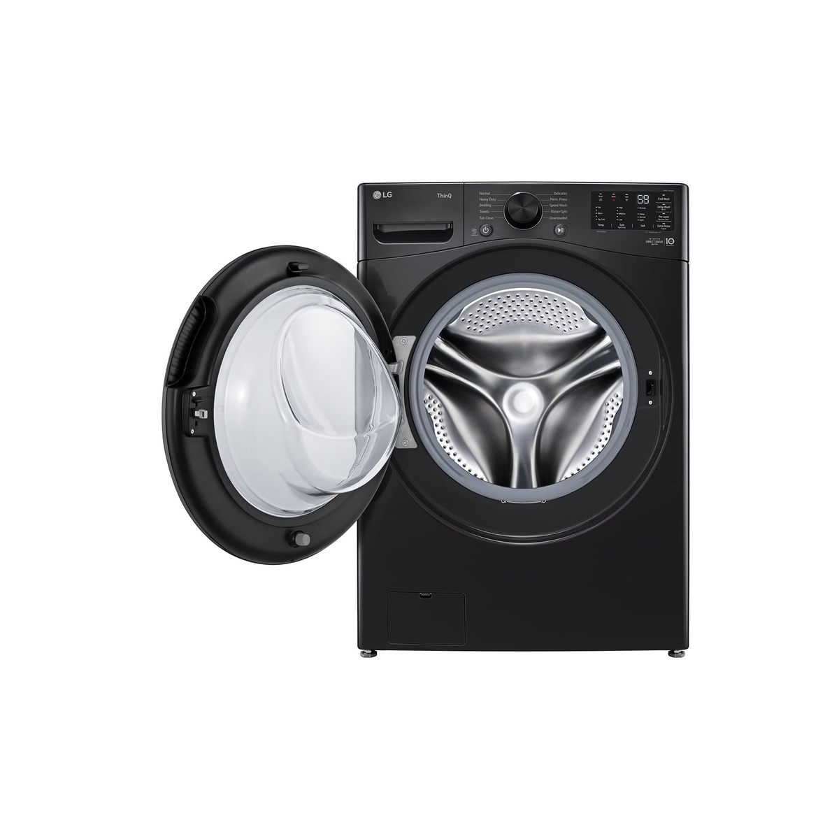 LG WM3580CX washer with the door open, showing the black-tinted glass door and stainless interior drum