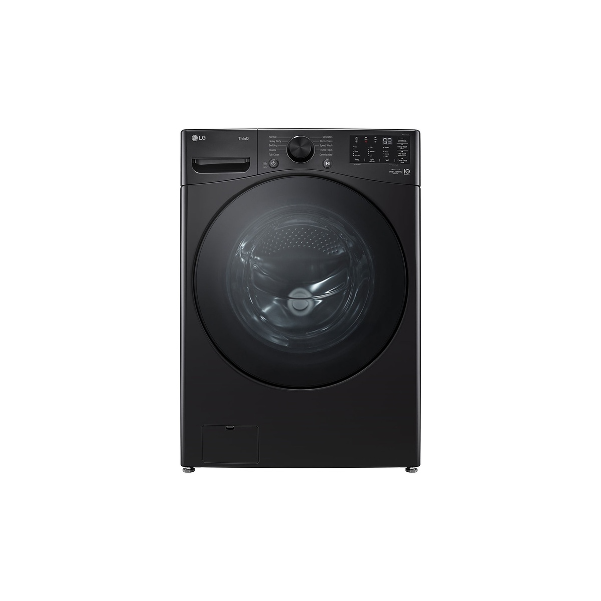 Front view of LG WM3580CX Onyx Black front-load washer showing dial, touch controls, and LED display