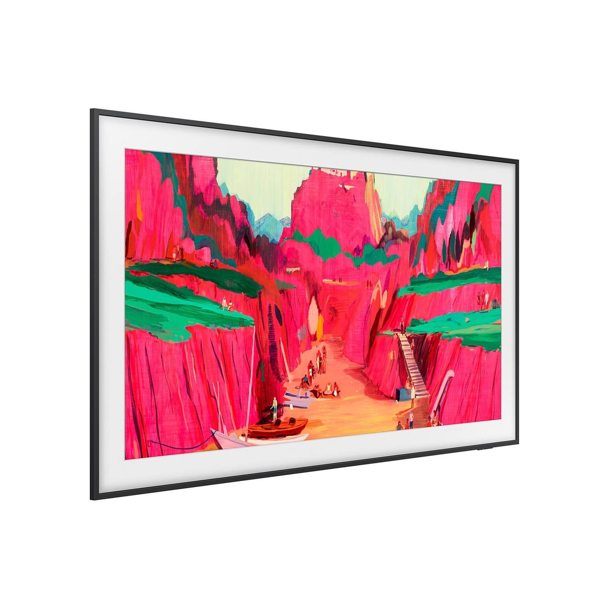 Angled side view of Samsung The Frame Pro displaying vivid pink and green landscape artwork inside a slim black customizable frame border