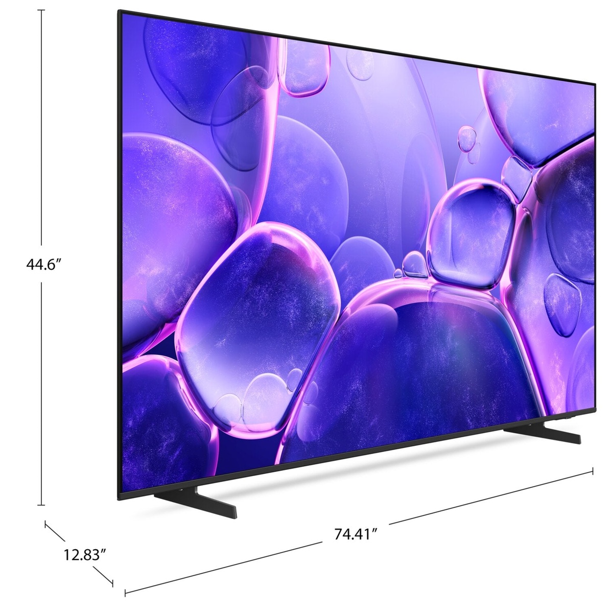 Angled view of the Samsung Crystal UHD TV with on-image measurements showing approximately 74.41 inches wide, 44.6 inches tall, and 12.83 inches deep on its stand.