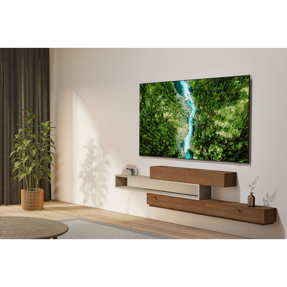 Wall-mounted flat-screen TV in a modern living room above floating wood shelves, showing a nature scene.