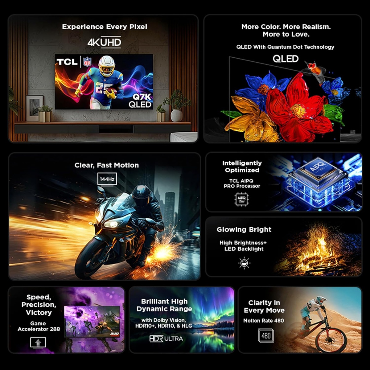 TCL Q7K feature highlights collage showing 4K UHD, QLED Quantum Dot, 144Hz motion, AIPQ Pro Processor, High Brightness+ LED backlight, Game Accelerator 288, HDR Ultra and Motion Rate 480