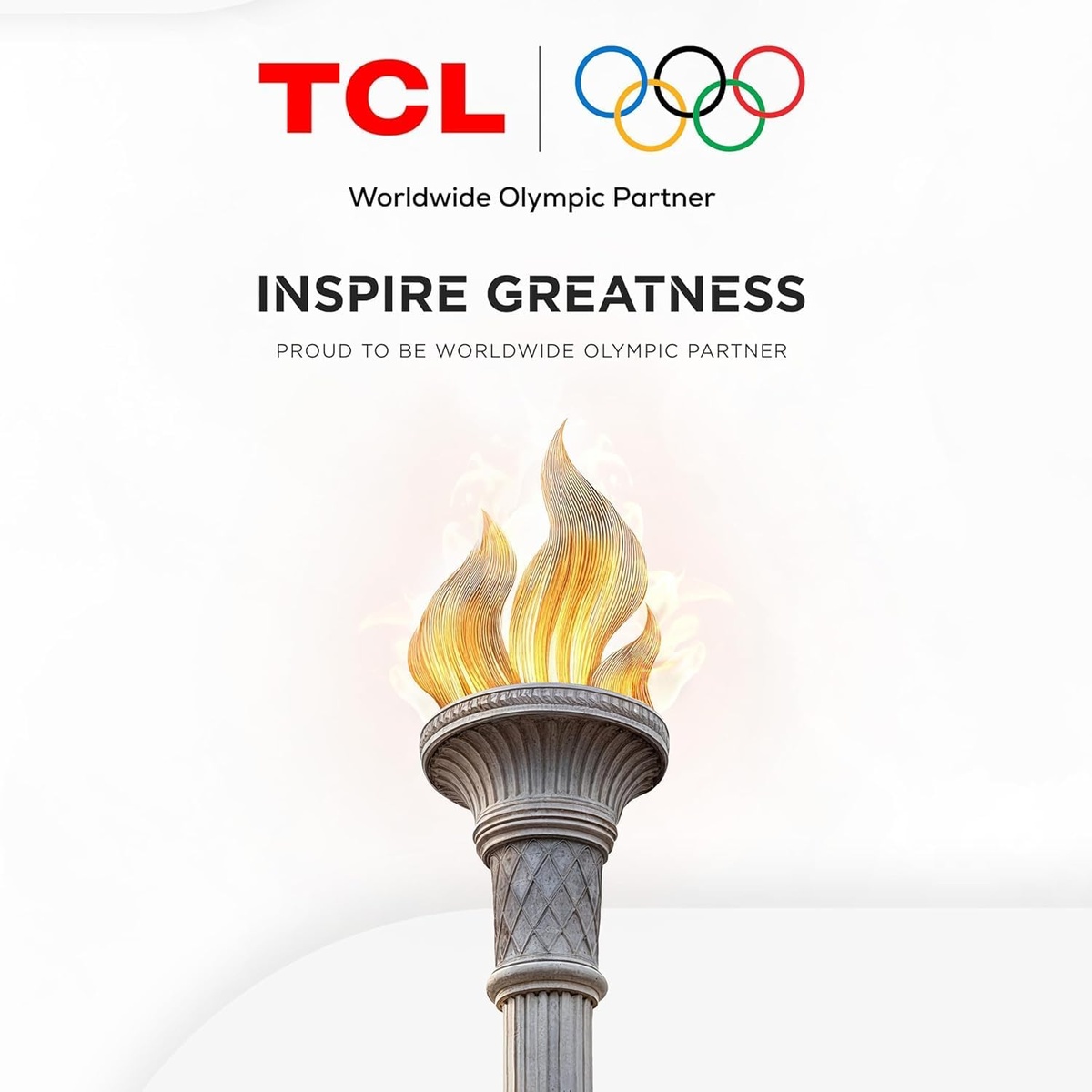 TCL Worldwide Olympic Partner branding with Olympic torch and Inspire Greatness tagline