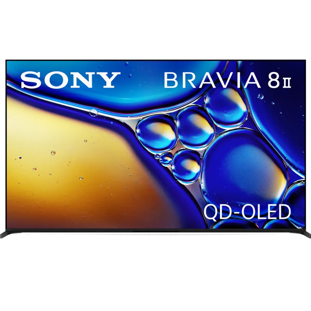 Front view of the Sony BRAVIA 8 II 55-inch QD-OLED TV displaying vivid blue and gold abstract imagery with SONY BRAVIA 8II and QD-OLED branding on screen