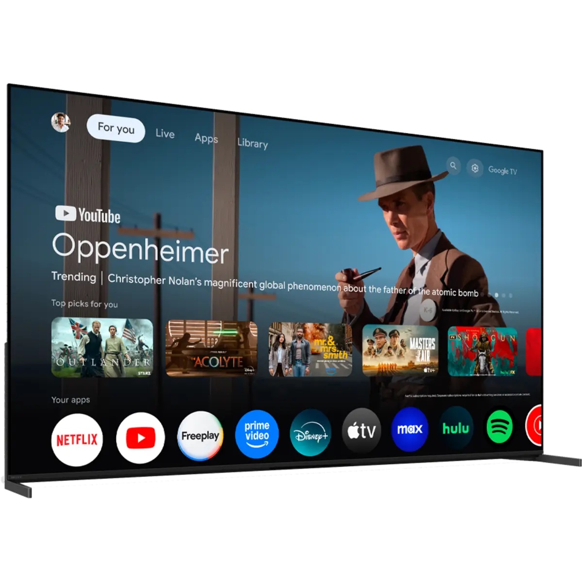 Angled view of Sony BRAVIA 8 II showing the Google TV home screen interface with app icons including Netflix, YouTube, Prime Video, Disney+, Apple TV, Max, Hulu, and Spotify
