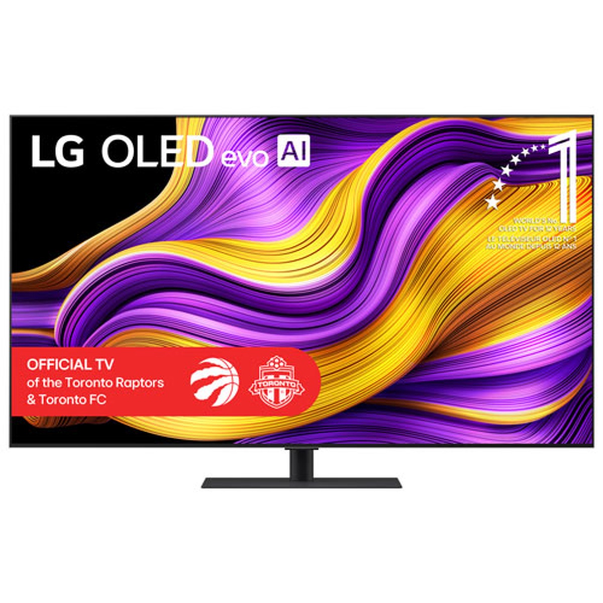 Front view of an LG OLED evo AI TV on a stand displaying a colorful abstract image.