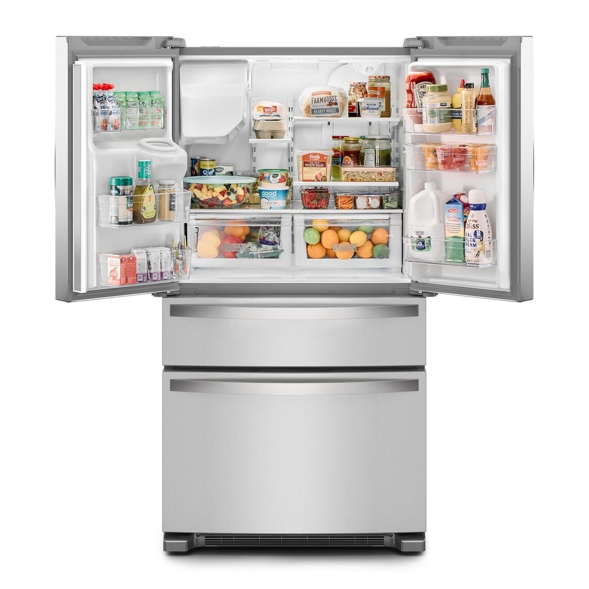 Whirlpool WRMF3636RZ French door refrigerator fully open and stocked, showing multiple adjustable shelves, door bins, and two crisper drawers loaded with fresh produce and groceries
