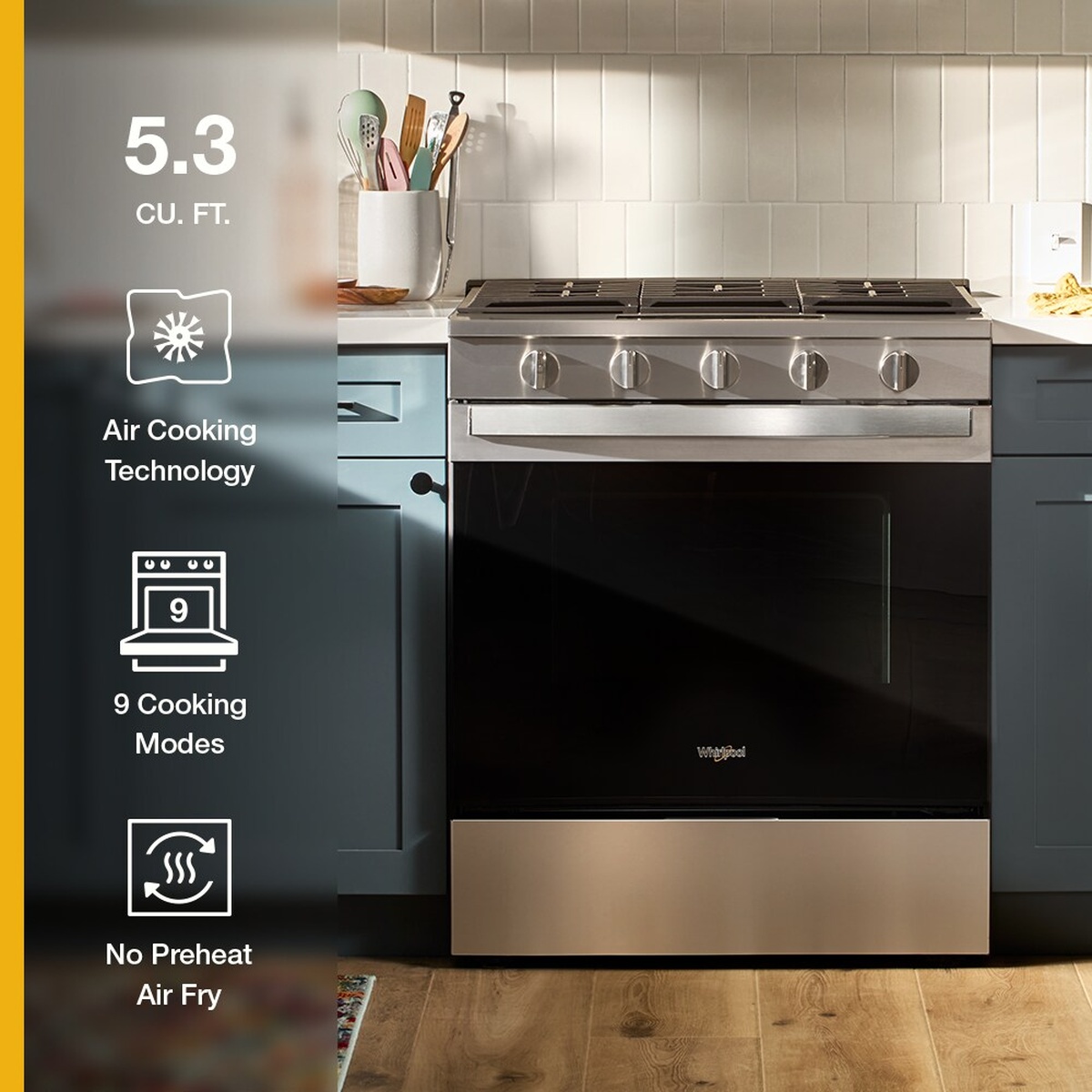 Whirlpool gas slide-in range infographic showing 5.3 cu. ft. capacity, Air Cooking Technology icon, 9 Cooking Modes icon, and No Preheat Air Fry icon
