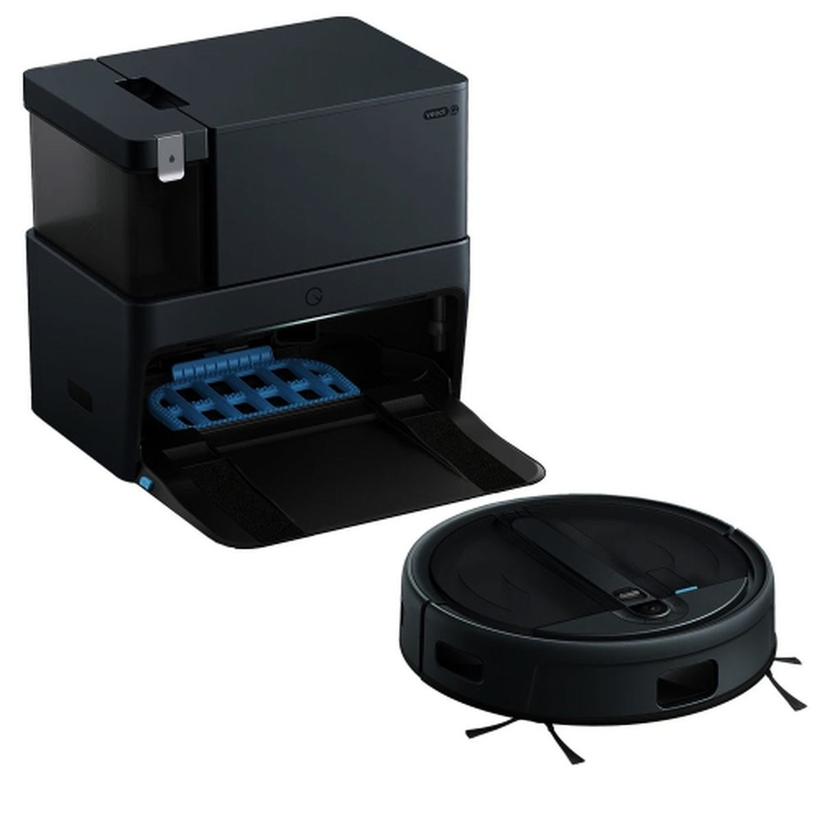 YEEDI Cube Pro S1 Cube Station open with blue mop cleaning tray visible, robot unit positioned beside it