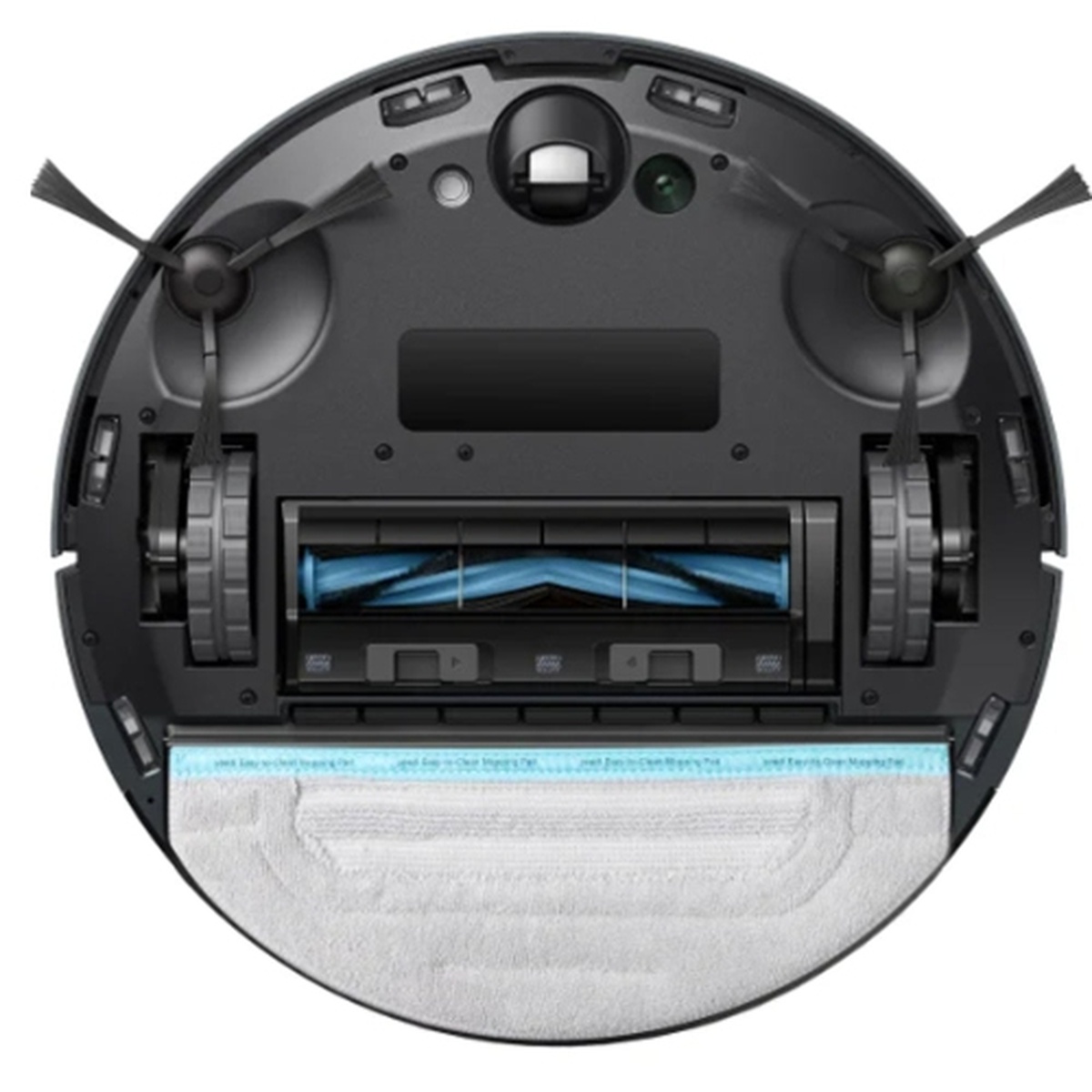 Bottom view of YEEDI Cube Pro S1 showing main brush roll, mop pad attachment, and dual side brushes