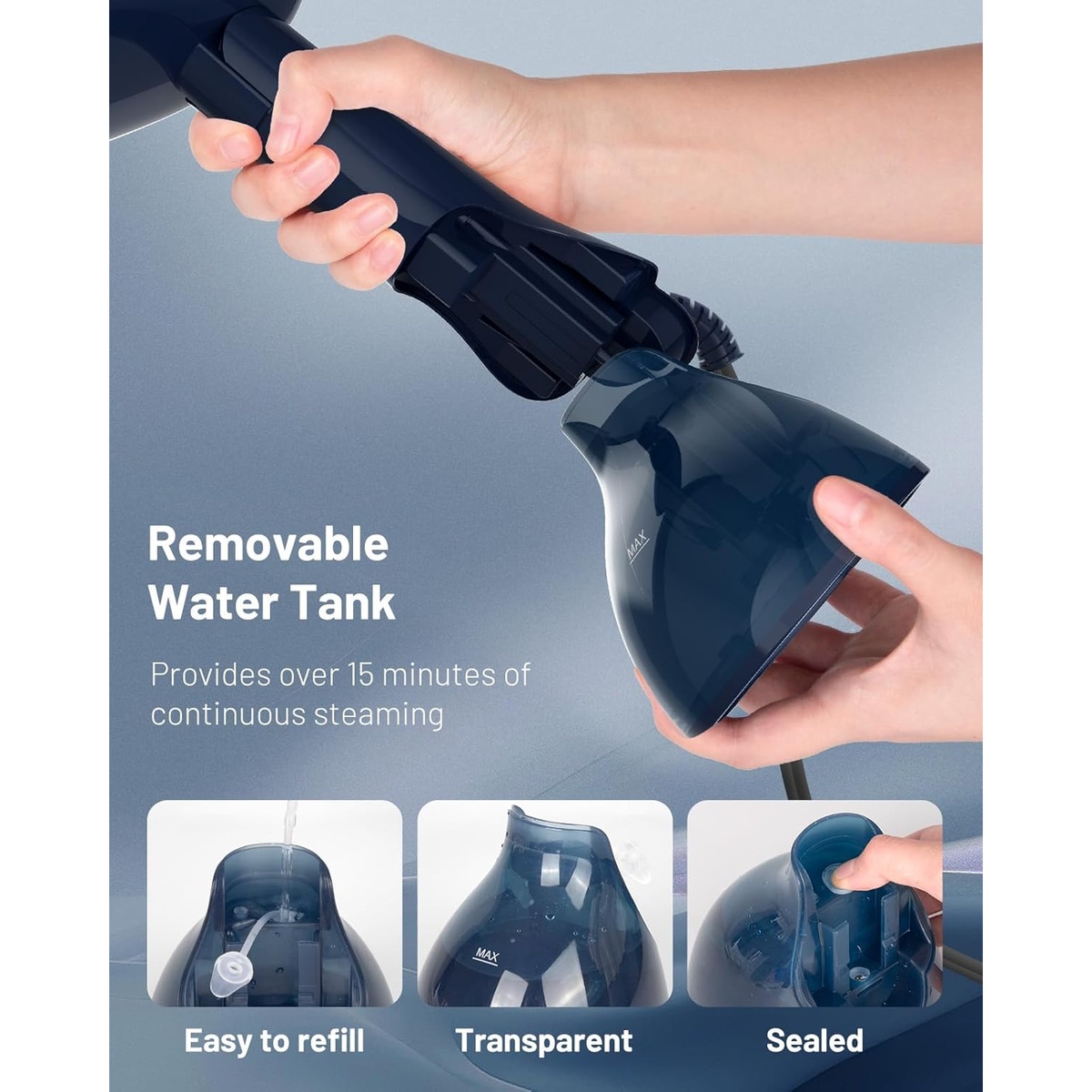 Hands removing the detachable water tank from a blue BEAUTURAL handheld garment steamer