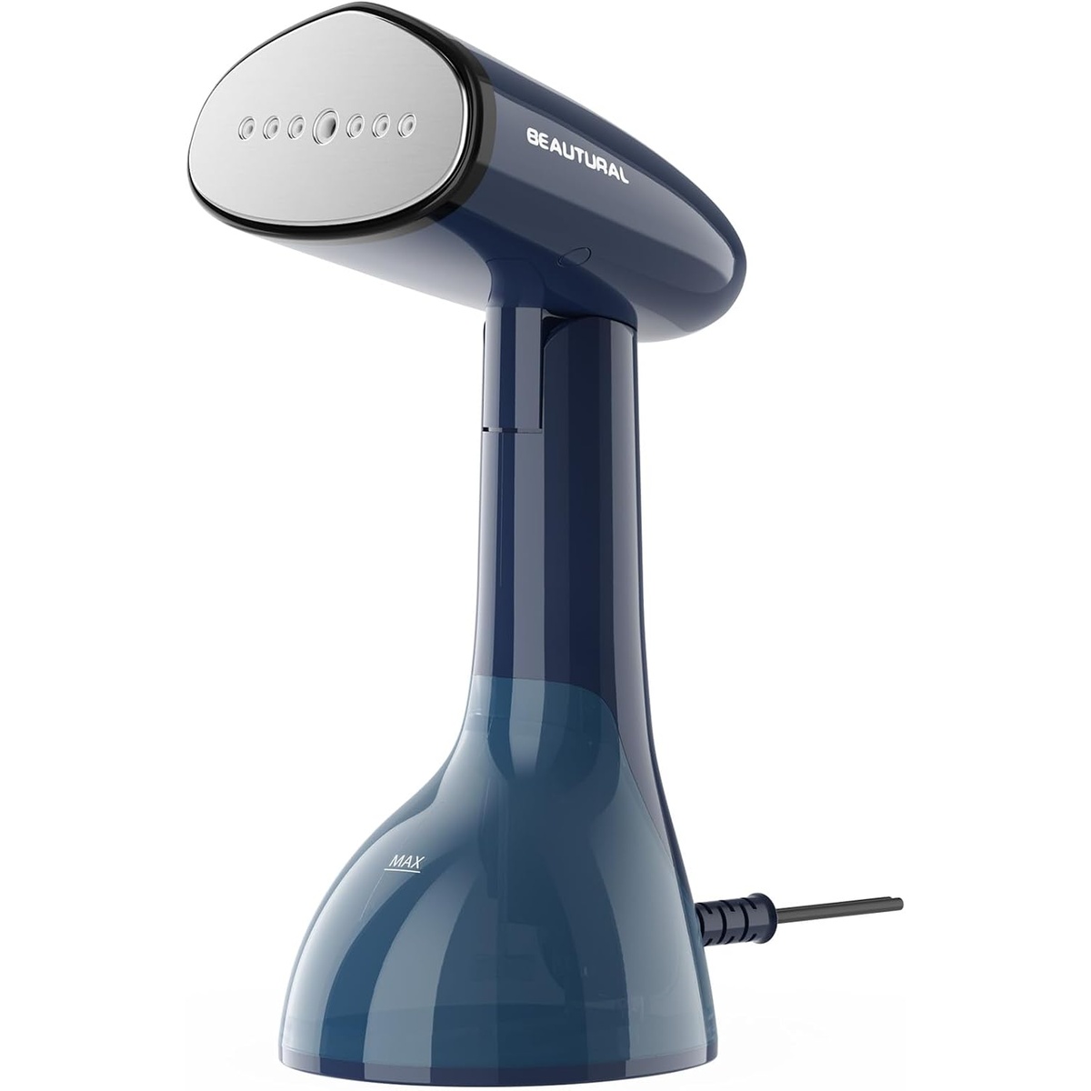 Blue BEAUTURAL handheld garment steamer shown from the side with steam faceplate visible