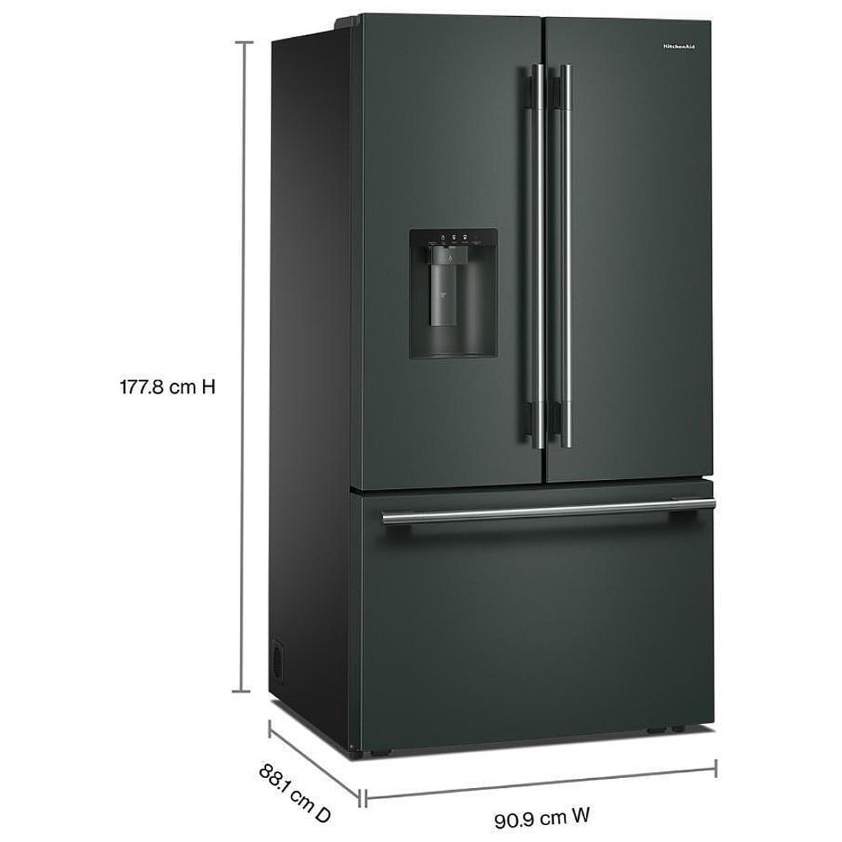 Angled view of a KitchenAid Juniper French door refrigerator with exterior dispenser and dimension callouts for height, width, and depth