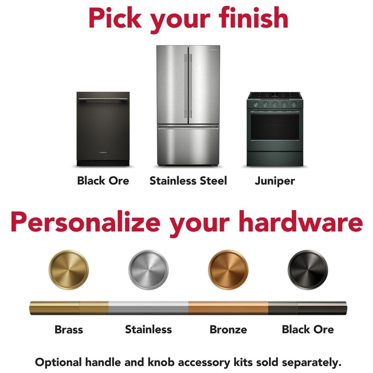 Graphic showing KitchenAid finish options (Black Ore, Stainless Steel, Juniper) and optional handle and knob accessory kit colors