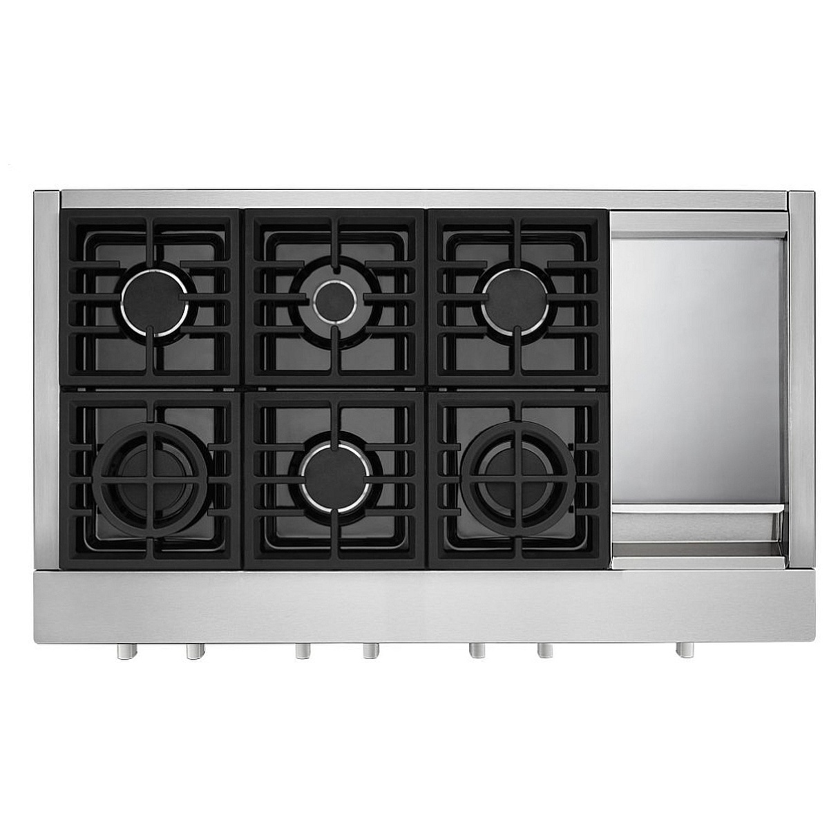 Top-down view of the KitchenAid rangetop showing six burner grates and an integrated right-side griddle