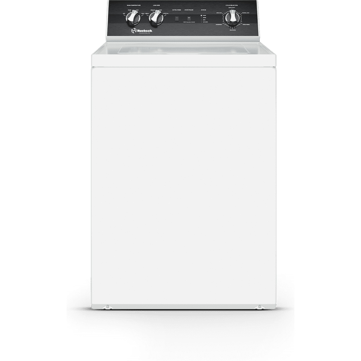 Huebsch TR5104WN top load washer front view showing the full control panel with wash temperature, load size, start/pause, status indicator, and cycle selection knobs