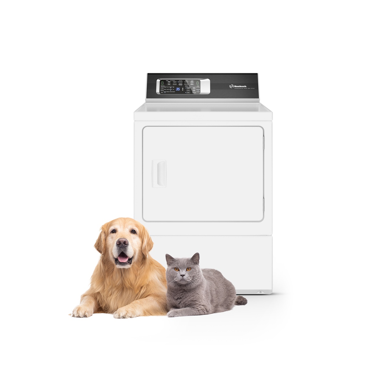 Huebsch DR7103WE white electric dryer shown alongside a golden retriever and grey cat, highlighting the Pet Plus feature