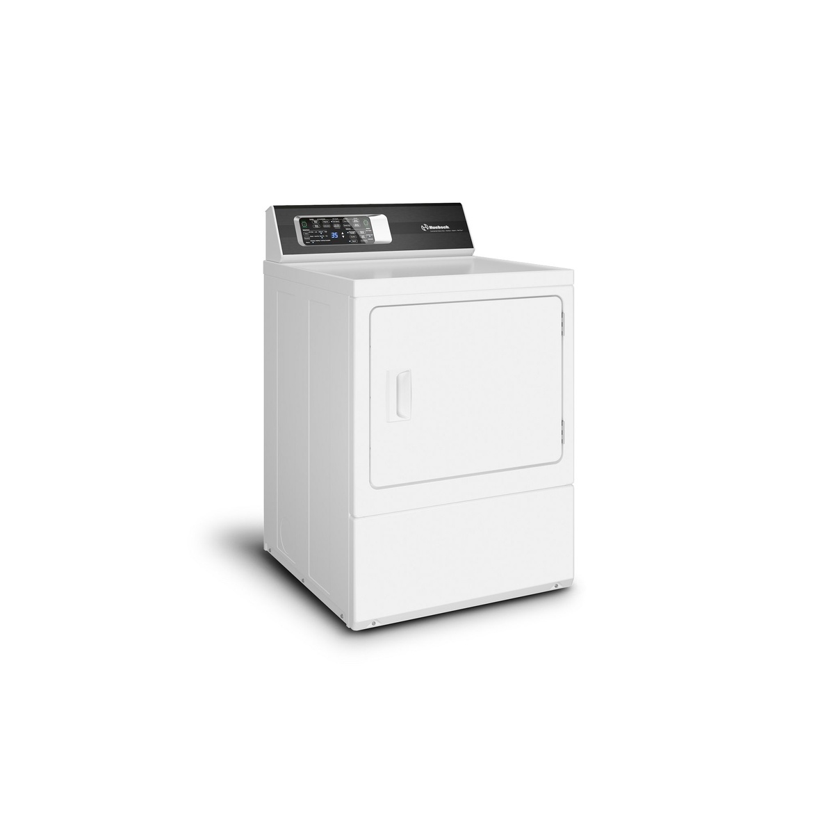 Huebsch DR7103WE white electric dryer shown from the left-angle, highlighting its solid build and digital control panel