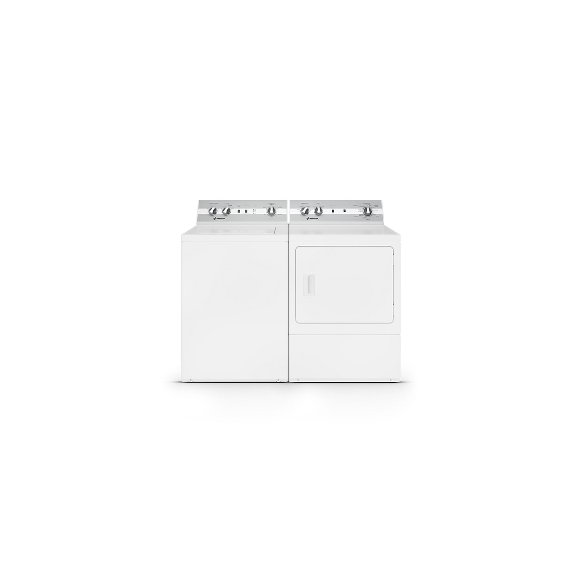 Front view of a matching Huebsch washer and dryer pair in white