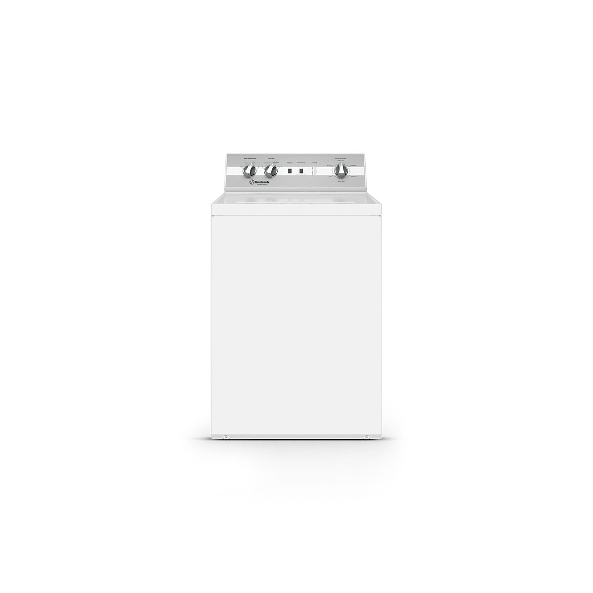 Front view of the white Huebsch TC5 top load washer with a knob-style control panel