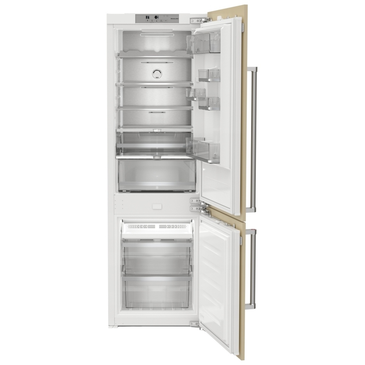 KitchenAid KBBX102MPA interior with doors open showing refrigerator shelves, FreshChill drawer, crisper drawers, and bottom freezer compartment