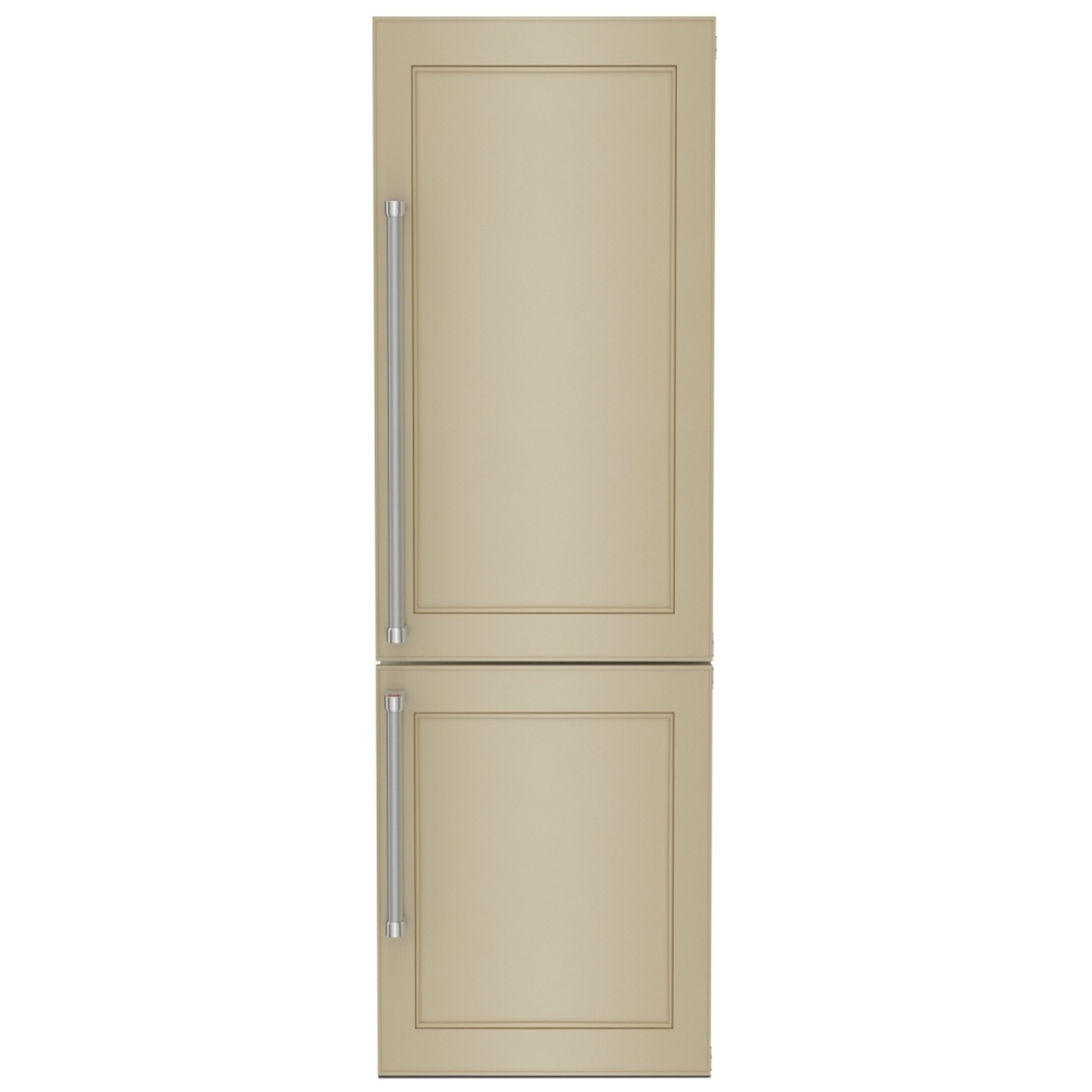 KitchenAid KBBX102MPA front view with custom panel-ready doors in a warm beige finish and stainless steel handles, showing fully integrated built-in appearance