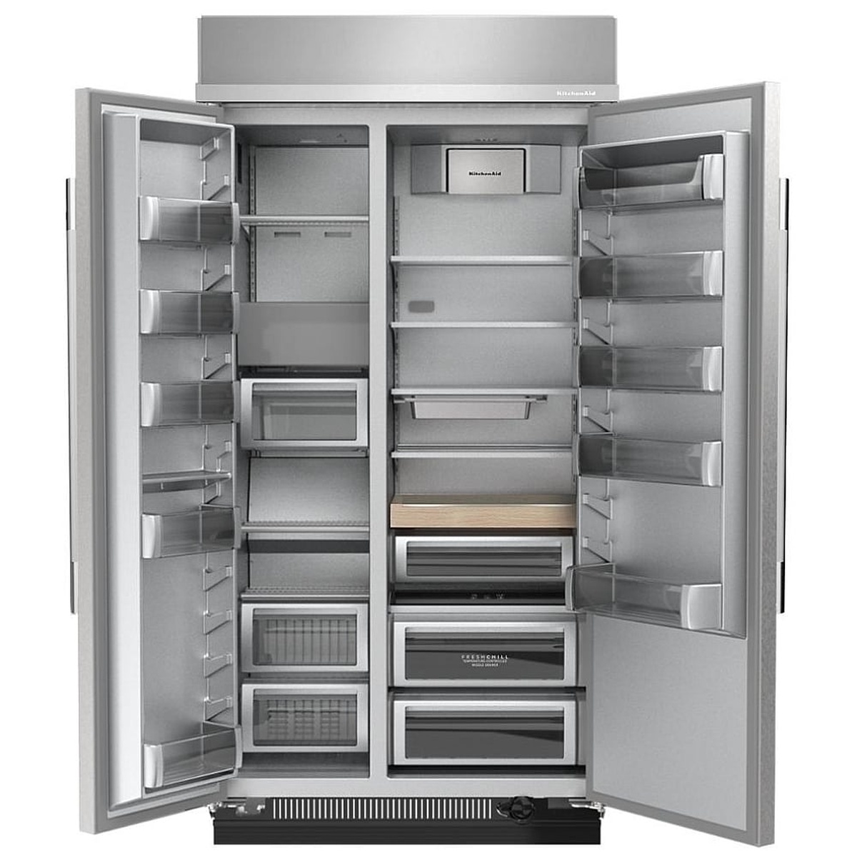 KitchenAid KBSN742SPS interior view with both doors open showing adjustable glass shelves, FreshChill drawer, freezer drawers, door bins, and wood-look sliding tray
