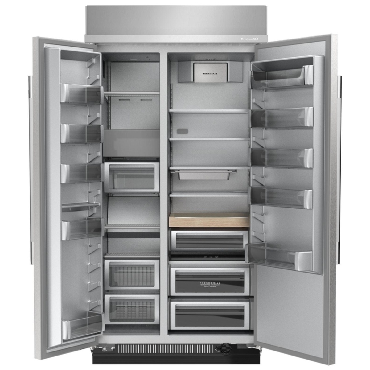 KitchenAid KBSN748SPS interior open showing adjustable glass shelves, FreshChill drawer, multiple door bins, and Signature Platinum interior finish