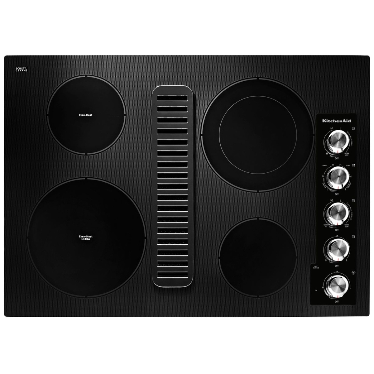 Top-down view of the KitchenAid KCED600GBL showing four radiant elements labeled Even-Heat and Even-Heat Ultra, the centre downdraft intake grate, and five stainless steel knobs on the right side
