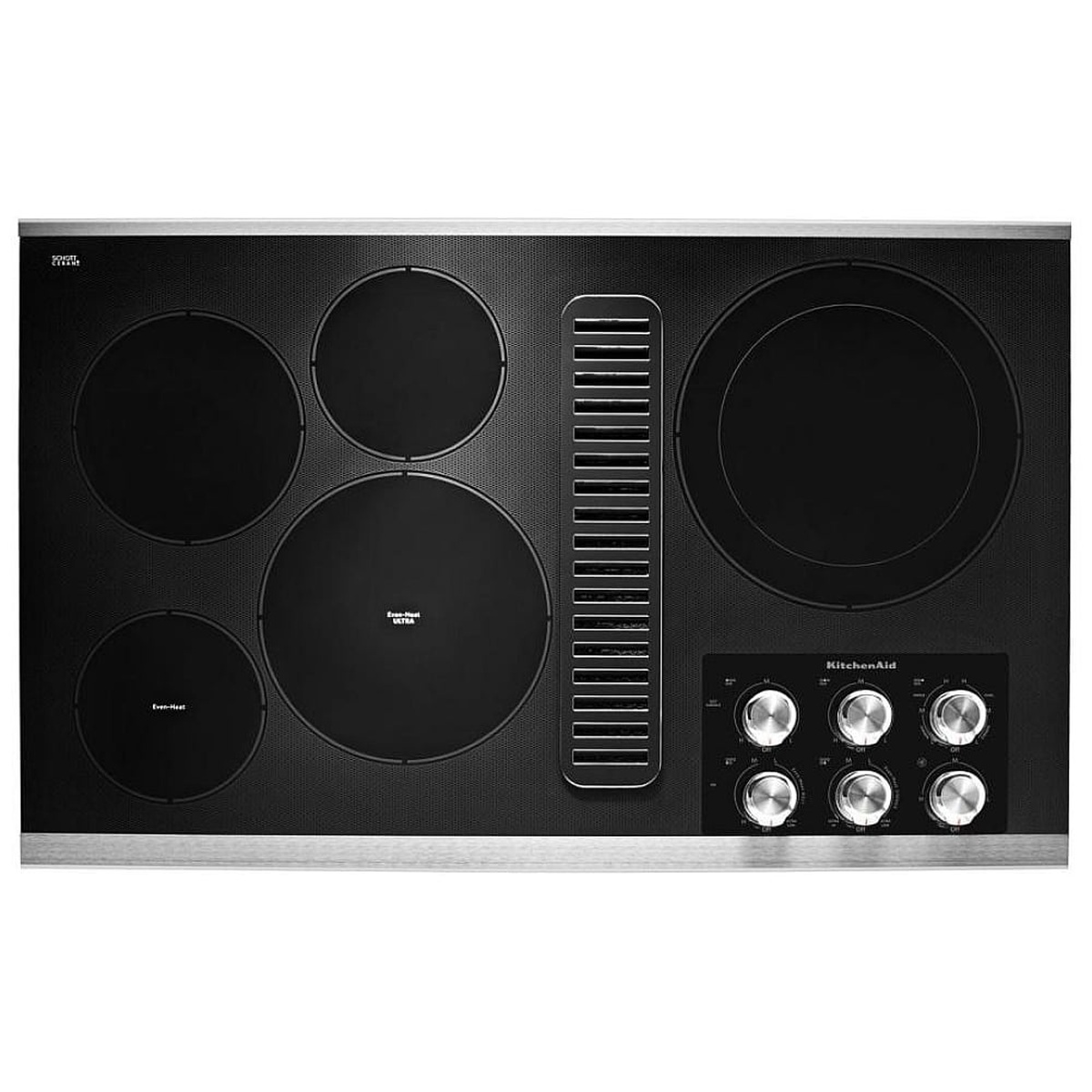Overhead view of the KitchenAid KCED606GSS 36-inch electric downdraft cooktop showing all five radiant elements, the center downdraft vent grille, and the stainless steel knob cluster on the right