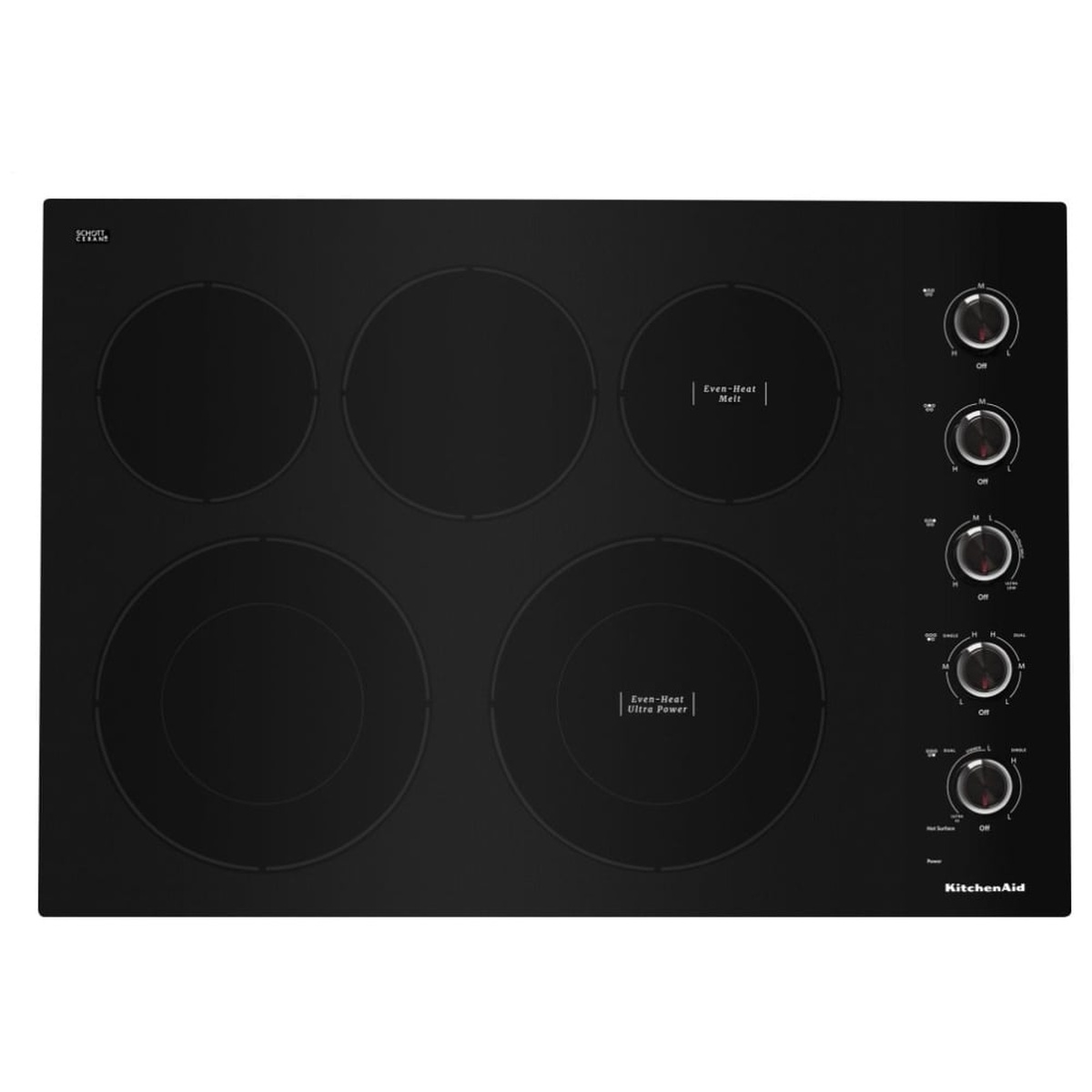 Top-down view of KitchenAid KCES550HBL black glass cooktop showing five radiant elements with Even-Heat Melt and Even-Heat Ultra Power labels, and five metal knobs on the right side