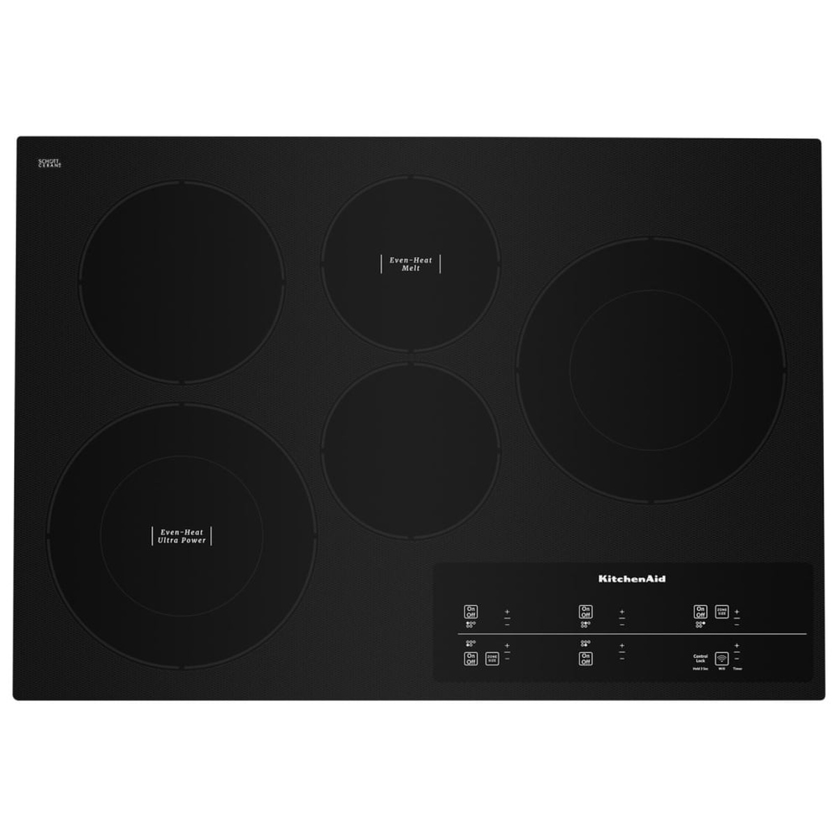 Top-down view of KitchenAid KCES950KBL black ceramic glass cooktop showing all five radiant elements with Even-Heat Ultra Power and Even-Heat Melt labels, plus touch control strip along the right front edge