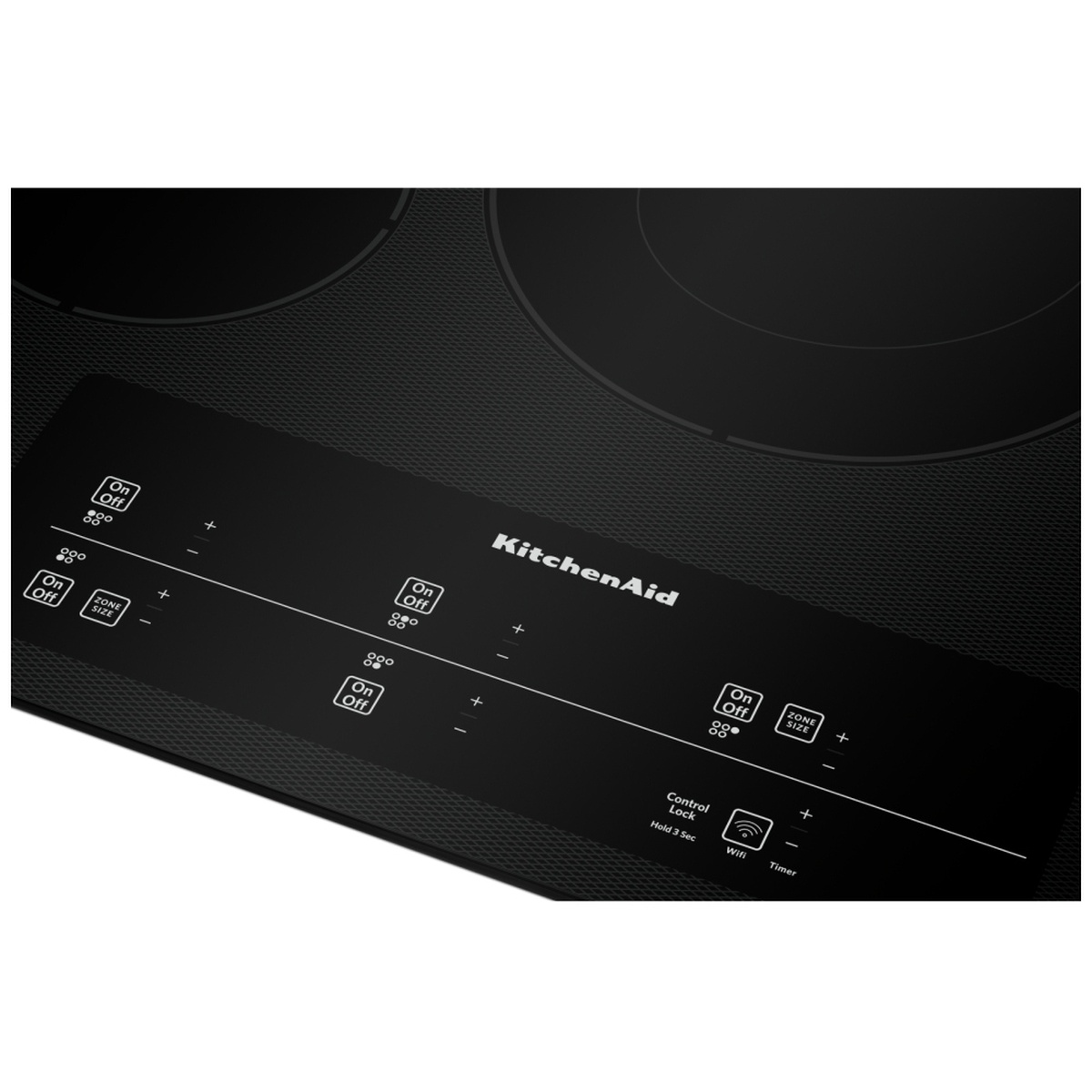 Close-up of KitchenAid KCES950KBL touch control panel showing On/Off buttons, Zone Size selectors, Control Lock hold function, and Timer controls etched into the black ceramic glass surface