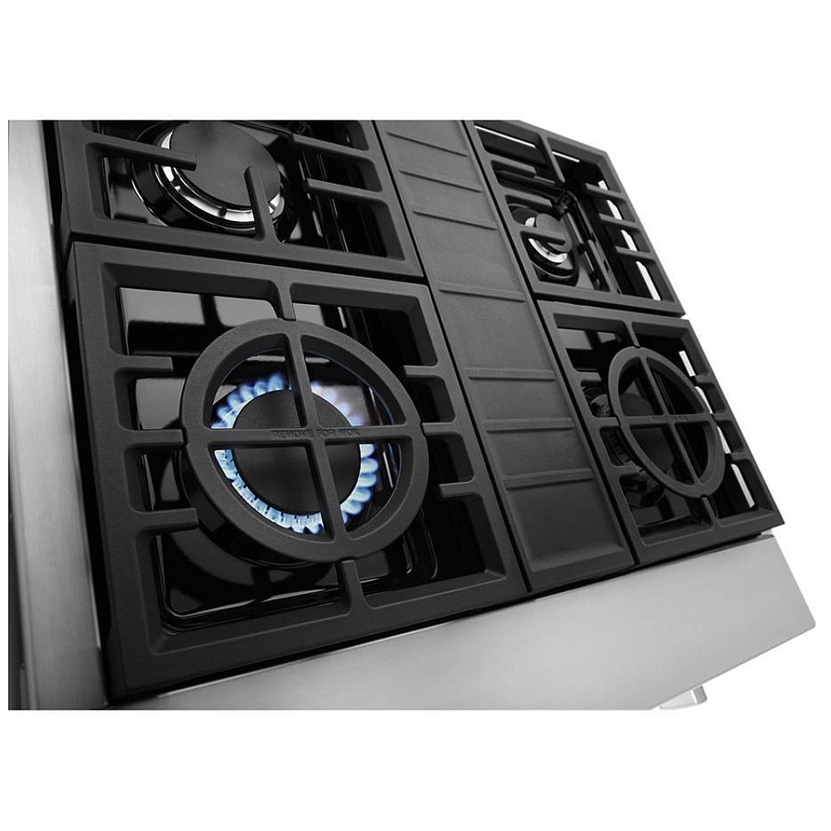 Close-up of KitchenAid KCGC500JSS burner lit with blue dual-ring flame on matte porcelain-enameled cast iron grate