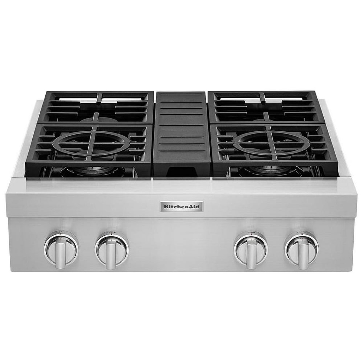 KitchenAid KCGC500JSS front view showing four sealed burners with porcelain-enameled cast iron grates and four front-mounted stainless steel knobs