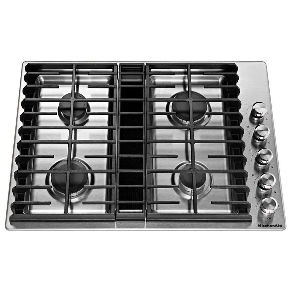 Top view of a KitchenAid 30 inch stainless steel gas cooktop with four burners, center downdraft vent, cast-iron grates, and right-side control knobs