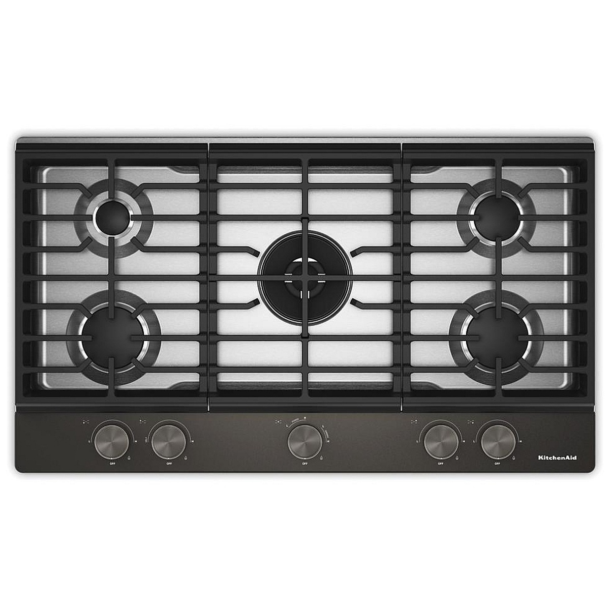 Top-down view of the KitchenAid KCGK536SBE Black Ore gas cooktop showing all five burners, continuous cast iron grates, and five front-mounted knobs