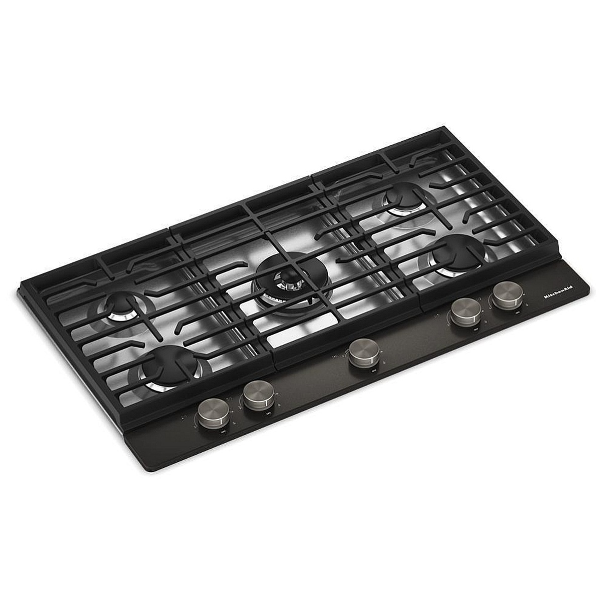 Angled three-quarter view of the KitchenAid KCGK536SBE Black Ore gas cooktop showing five sealed burners, continuous cast iron grates, and front-mounted Premium Weighted Knobs